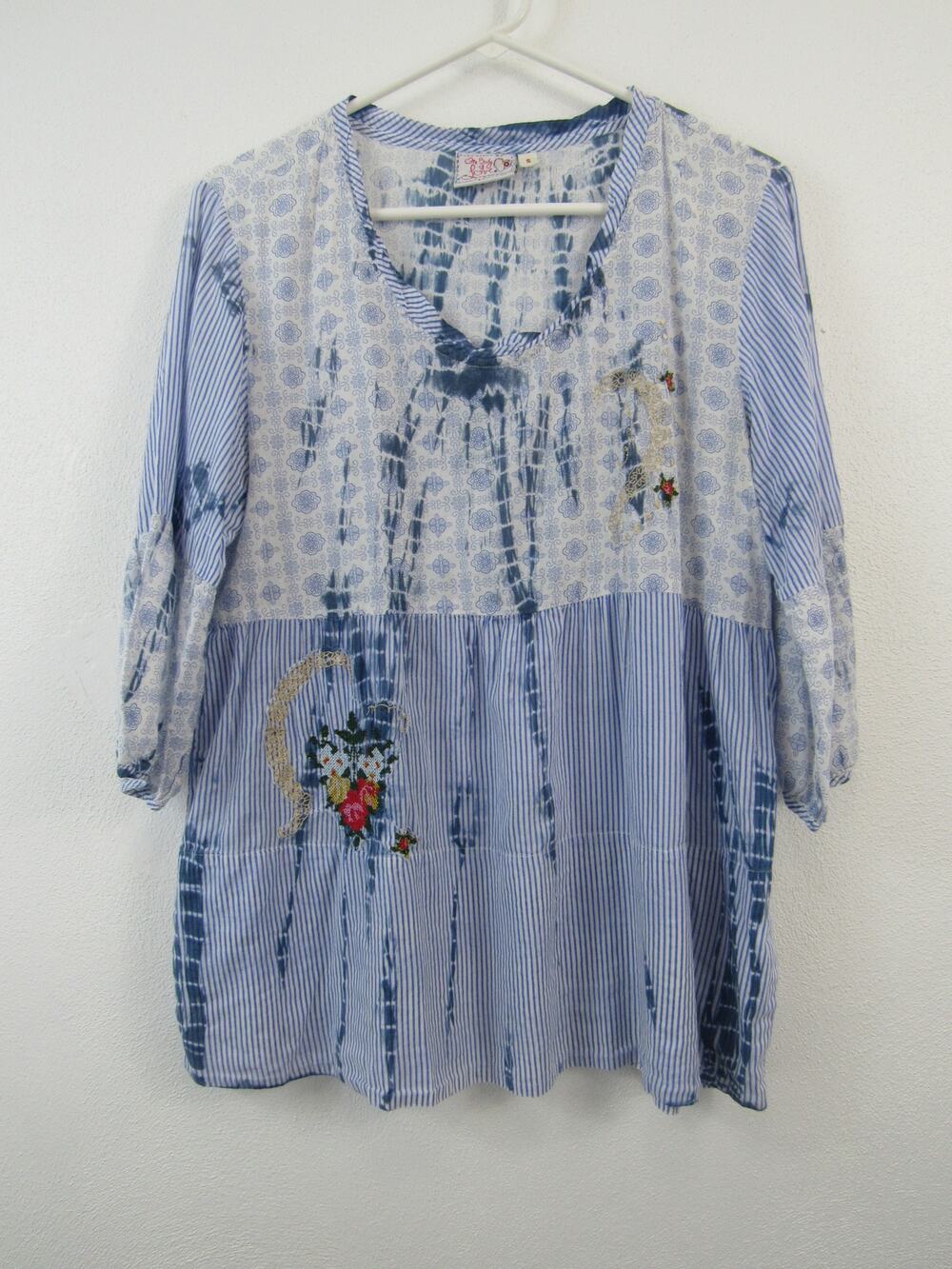 Tianello One Body of Love Small Shelby Blouse Blue Tie Dye Embroidery Boho